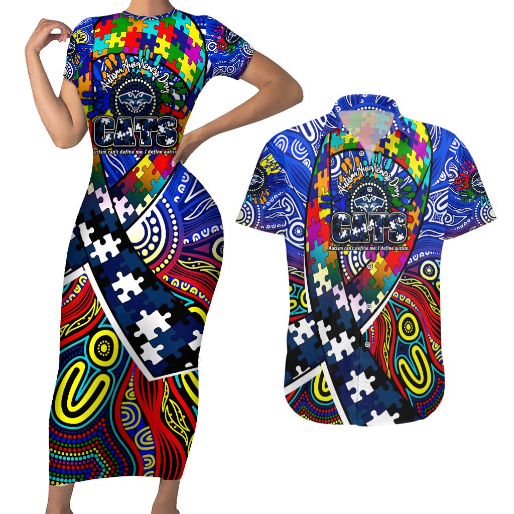 Autism Awareness Australia Geelong Cats Couples Matching Short Sleeve Bodycon Dress and Hawaiian Shirt Aboriginal Indigenous Art