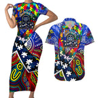 Autism Awareness Australia Geelong Cats Couples Matching Short Sleeve Bodycon Dress and Hawaiian Shirt Aboriginal Indigenous Art