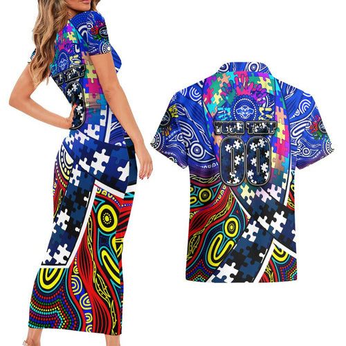 Autism Awareness Australia Geelong Cats Couples Matching Short Sleeve Bodycon Dress and Hawaiian Shirt Aboriginal Indigenous Art