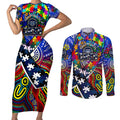 Autism Awareness Australia Geelong Cats Couples Matching Short Sleeve Bodycon Dress and Long Sleeve Button Shirt Aboriginal Indigenous Art