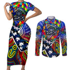 Autism Awareness Australia Geelong Cats Couples Matching Short Sleeve Bodycon Dress and Long Sleeve Button Shirt Aboriginal Indigenous Art