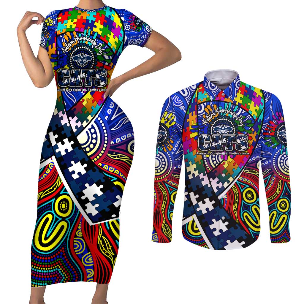 Autism Awareness Australia Geelong Cats Couples Matching Short Sleeve Bodycon Dress and Long Sleeve Button Shirt Aboriginal Indigenous Art