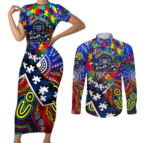 Autism Awareness Australia Geelong Cats Couples Matching Short Sleeve Bodycon Dress and Long Sleeve Button Shirt Aboriginal Indigenous Art