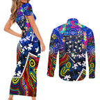 Autism Awareness Australia Geelong Cats Couples Matching Short Sleeve Bodycon Dress and Long Sleeve Button Shirt Aboriginal Indigenous Art