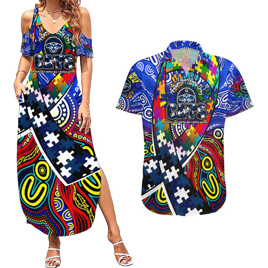 Autism Awareness Australia Geelong Cats Couples Matching Summer Maxi Dress and Hawaiian Shirt Aboriginal Indigenous Art