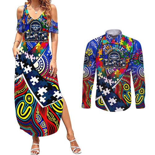 Autism Awareness Australia Geelong Cats Couples Matching Summer Maxi Dress and Long Sleeve Button Shirt Aboriginal Indigenous Art