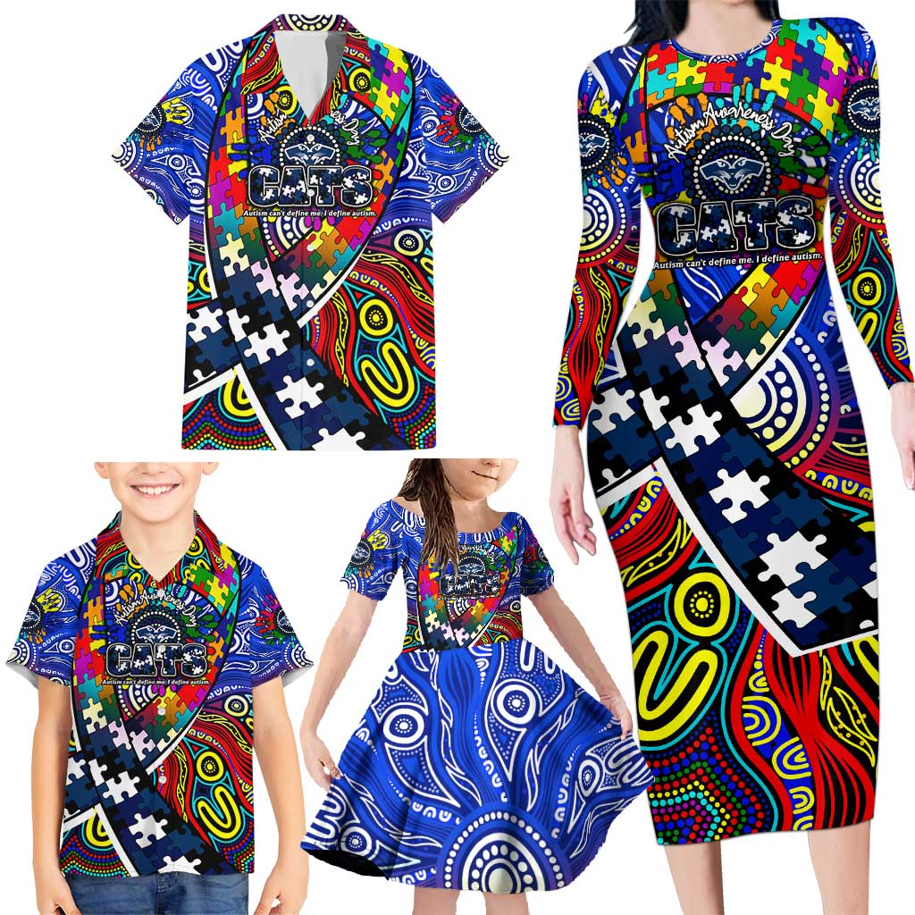 Autism Awareness Australia Geelong Cats Family Matching Long Sleeve Bodycon Dress and Hawaiian Shirt Aboriginal Indigenous Art