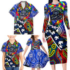 Autism Awareness Australia Geelong Cats Family Matching Long Sleeve Bodycon Dress and Hawaiian Shirt Aboriginal Indigenous Art