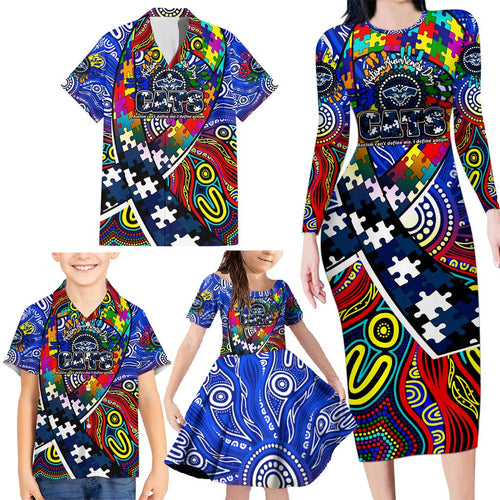 Autism Awareness Australia Geelong Cats Family Matching Long Sleeve Bodycon Dress and Hawaiian Shirt Aboriginal Indigenous Art