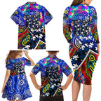Autism Awareness Australia Geelong Cats Family Matching Long Sleeve Bodycon Dress and Hawaiian Shirt Aboriginal Indigenous Art