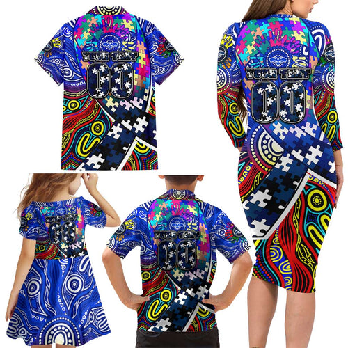 Autism Awareness Australia Geelong Cats Family Matching Long Sleeve Bodycon Dress and Hawaiian Shirt Aboriginal Indigenous Art