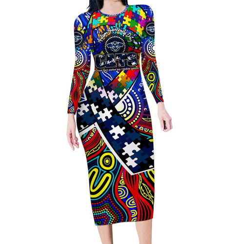 Autism Awareness Australia Geelong Cats Family Matching Long Sleeve Bodycon Dress and Hawaiian Shirt Aboriginal Indigenous Art