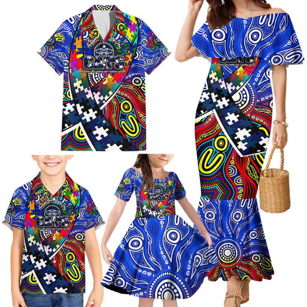 Autism Awareness Australia Geelong Cats Family Matching Mermaid Dress and Hawaiian Shirt Aboriginal Indigenous Art