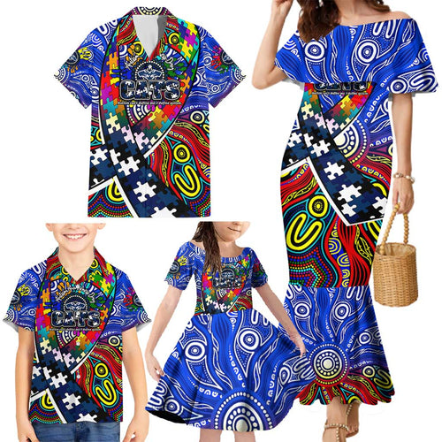 Autism Awareness Australia Geelong Cats Family Matching Mermaid Dress and Hawaiian Shirt Aboriginal Indigenous Art