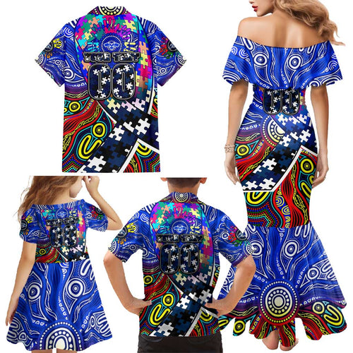 Autism Awareness Australia Geelong Cats Family Matching Mermaid Dress and Hawaiian Shirt Aboriginal Indigenous Art