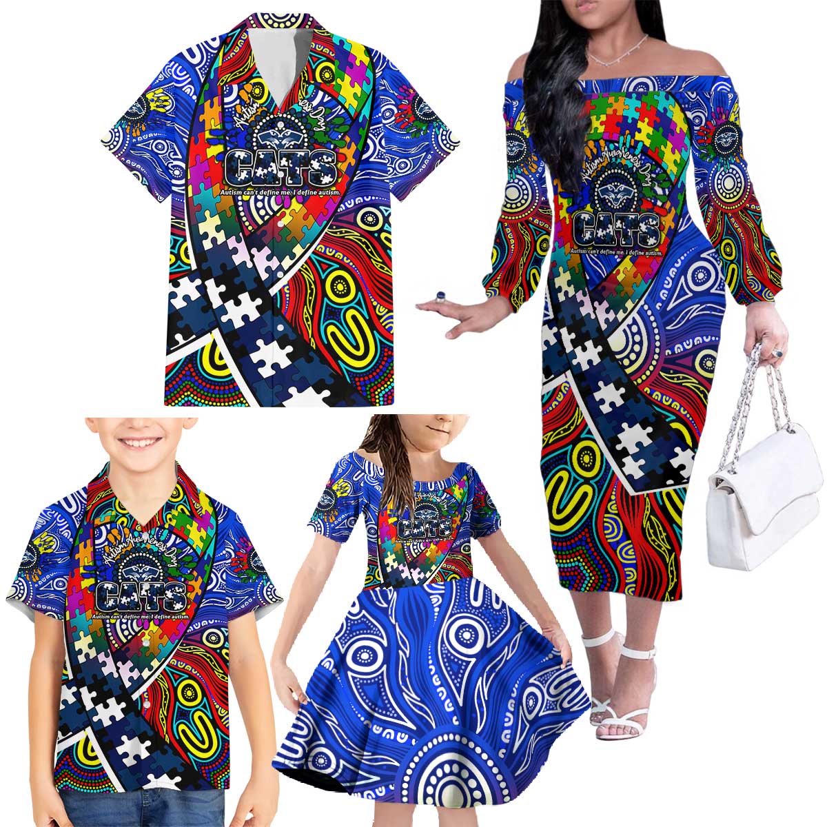 Autism Awareness Australia Geelong Cats Family Matching Off The Shoulder Long Sleeve Dress and Hawaiian Shirt Aboriginal Indigenous Art