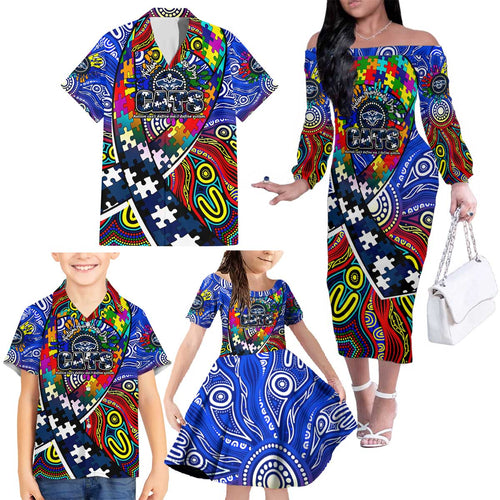Autism Awareness Australia Geelong Cats Family Matching Off The Shoulder Long Sleeve Dress and Hawaiian Shirt Aboriginal Indigenous Art
