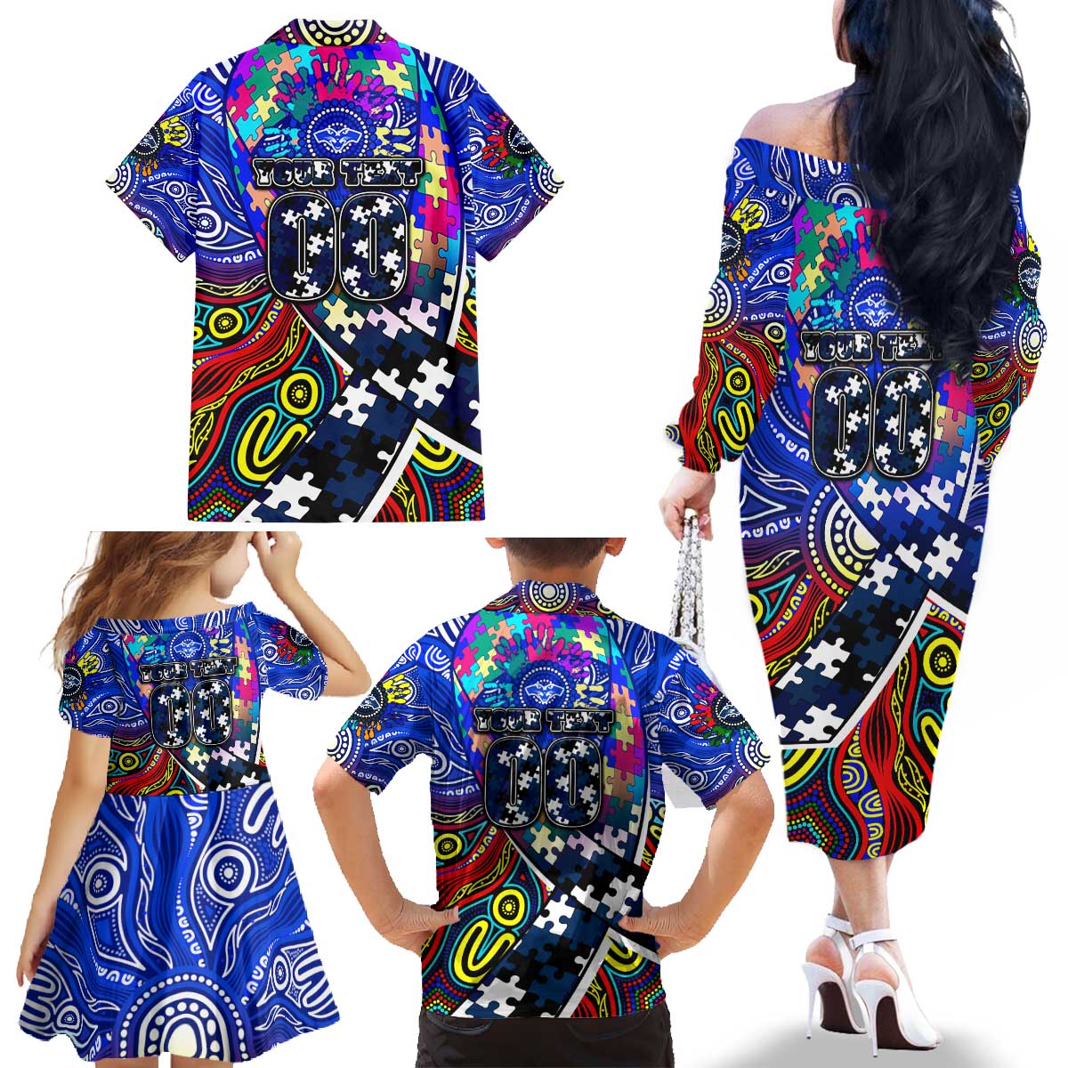 Autism Awareness Australia Geelong Cats Family Matching Off The Shoulder Long Sleeve Dress and Hawaiian Shirt Aboriginal Indigenous Art