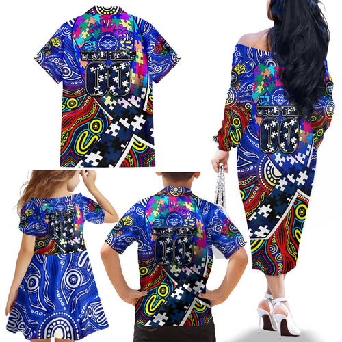 Autism Awareness Australia Geelong Cats Family Matching Off The Shoulder Long Sleeve Dress and Hawaiian Shirt Aboriginal Indigenous Art