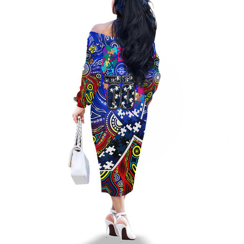 Autism Awareness Australia Geelong Cats Family Matching Off The Shoulder Long Sleeve Dress and Hawaiian Shirt Aboriginal Indigenous Art