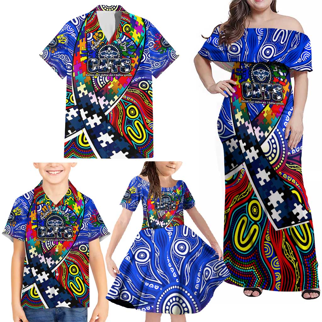 Autism Awareness Australia Geelong Cats Family Matching Off Shoulder Maxi Dress and Hawaiian Shirt Aboriginal Indigenous Art