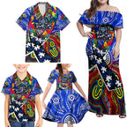 Autism Awareness Australia Geelong Cats Family Matching Off Shoulder Maxi Dress and Hawaiian Shirt Aboriginal Indigenous Art