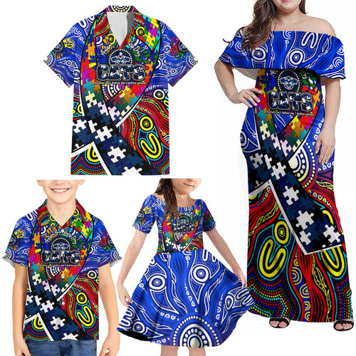 Autism Awareness Australia Geelong Cats Family Matching Off Shoulder Maxi Dress and Hawaiian Shirt Aboriginal Indigenous Art