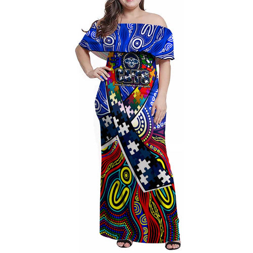 Autism Awareness Australia Geelong Cats Family Matching Off Shoulder Maxi Dress and Hawaiian Shirt Aboriginal Indigenous Art