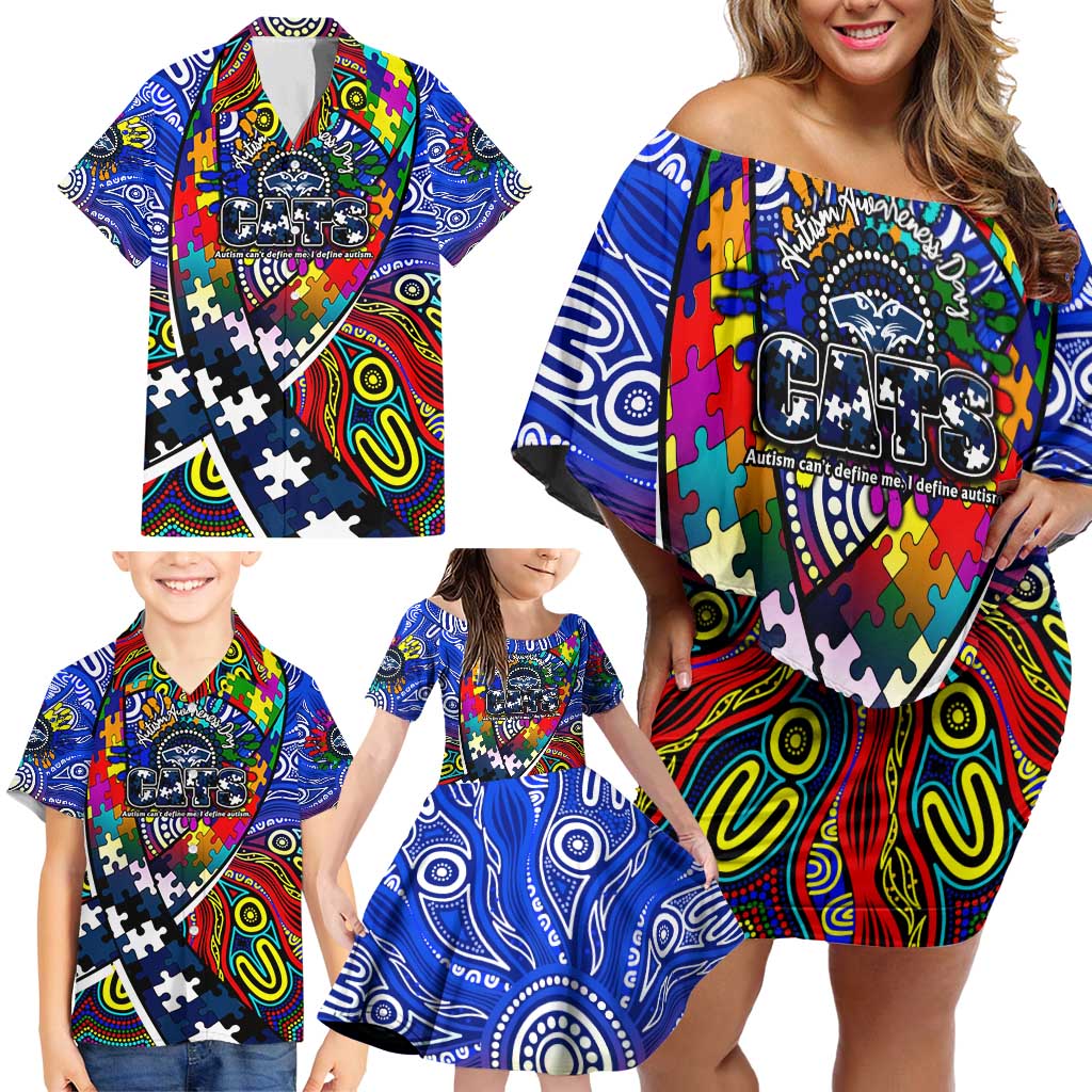 Autism Awareness Australia Geelong Cats Family Matching Off Shoulder Short Dress and Hawaiian Shirt Aboriginal Indigenous Art
