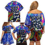 Autism Awareness Australia Geelong Cats Family Matching Off Shoulder Short Dress and Hawaiian Shirt Aboriginal Indigenous Art