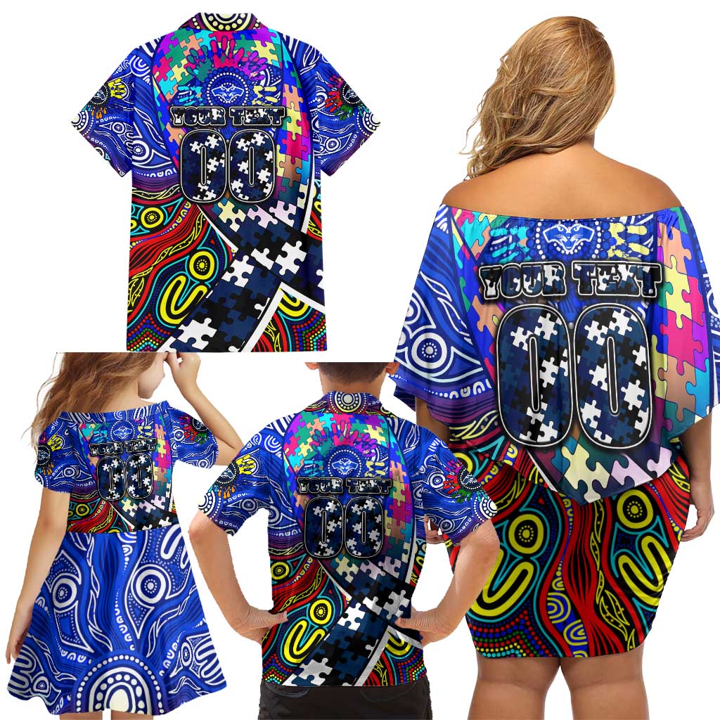 Autism Awareness Australia Geelong Cats Family Matching Off Shoulder Short Dress and Hawaiian Shirt Aboriginal Indigenous Art