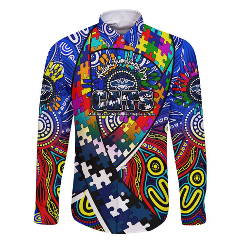 Autism Awareness Australia Geelong Cats Family Matching Off Shoulder Short Dress and Hawaiian Shirt Aboriginal Indigenous Art