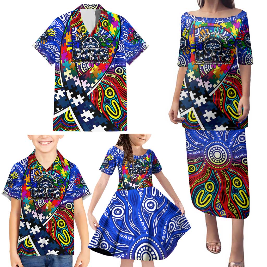 Autism Awareness Australia Geelong Cats Family Matching Puletasi and Hawaiian Shirt Aboriginal Indigenous Art