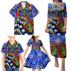 Autism Awareness Australia Geelong Cats Family Matching Puletasi and Hawaiian Shirt Aboriginal Indigenous Art