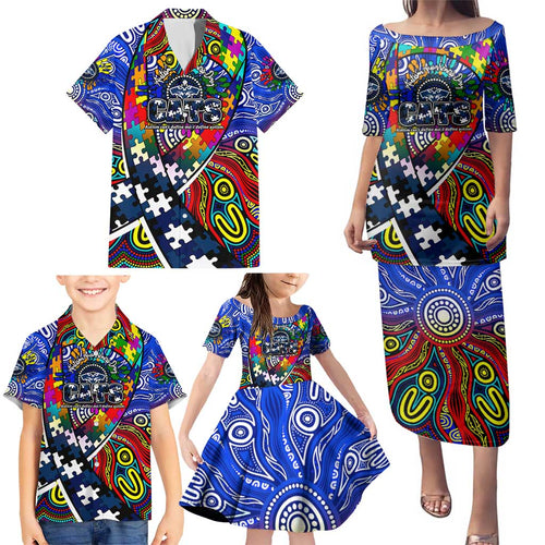 Autism Awareness Australia Geelong Cats Family Matching Puletasi and Hawaiian Shirt Aboriginal Indigenous Art