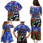 Autism Awareness Australia Geelong Cats Family Matching Puletasi and Hawaiian Shirt Aboriginal Indigenous Art