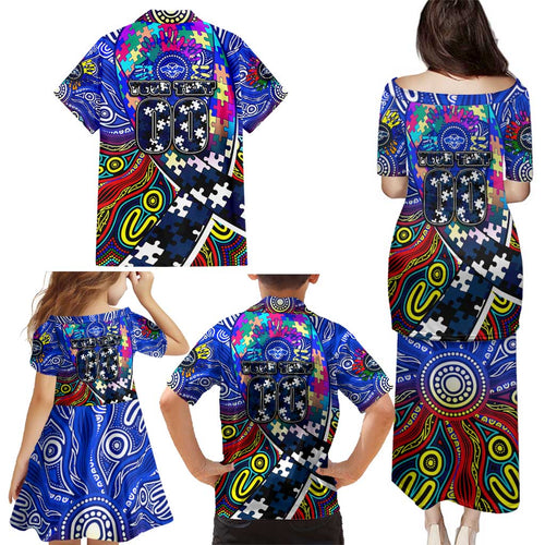 Autism Awareness Australia Geelong Cats Family Matching Puletasi and Hawaiian Shirt Aboriginal Indigenous Art