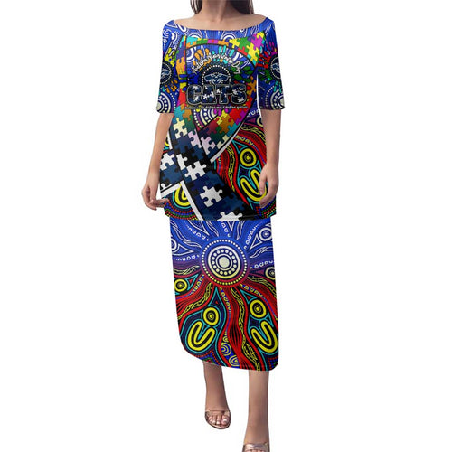 Autism Awareness Australia Geelong Cats Family Matching Puletasi and Hawaiian Shirt Aboriginal Indigenous Art