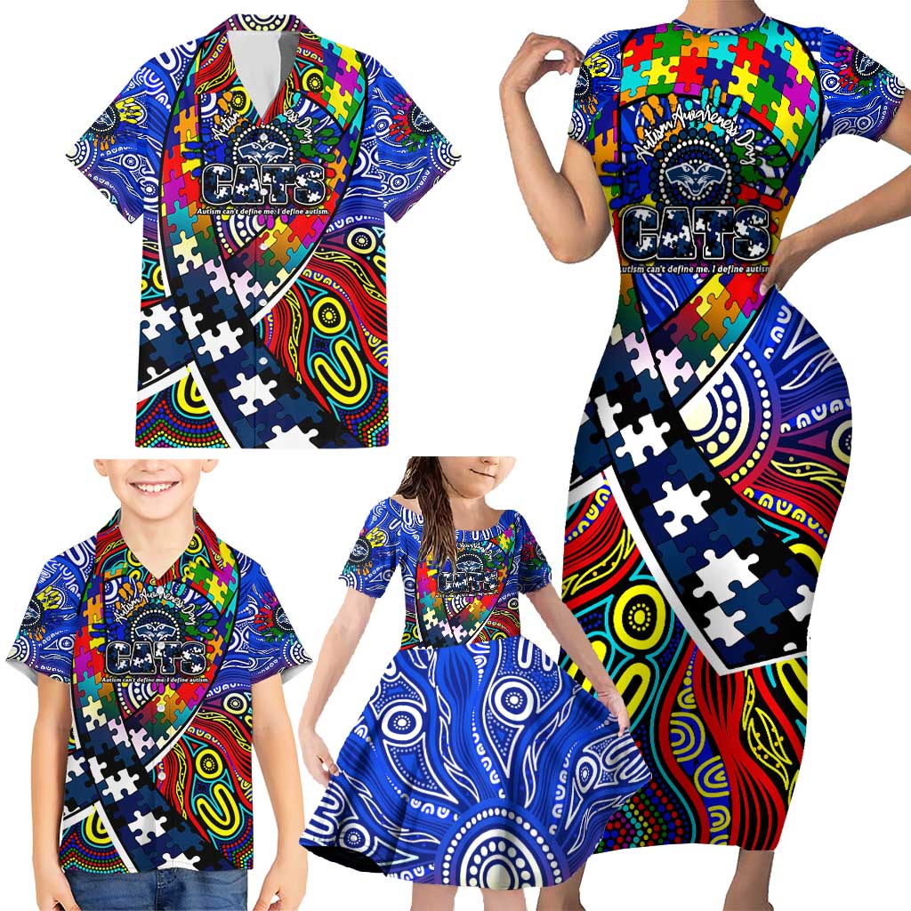 Autism Awareness Australia Geelong Cats Family Matching Short Sleeve Bodycon Dress and Hawaiian Shirt Aboriginal Indigenous Art