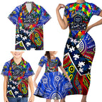Autism Awareness Australia Geelong Cats Family Matching Short Sleeve Bodycon Dress and Hawaiian Shirt Aboriginal Indigenous Art