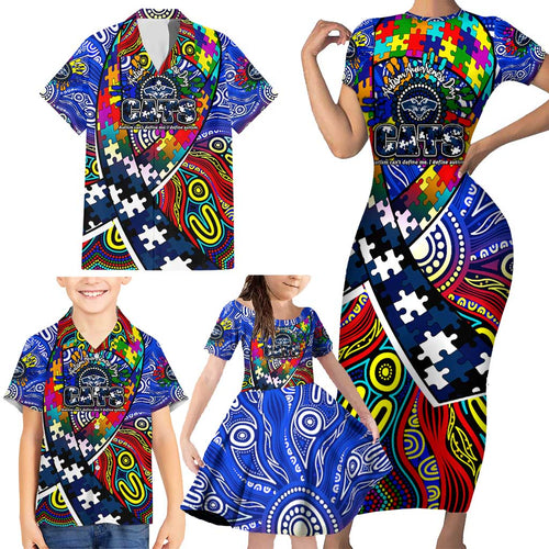 Autism Awareness Australia Geelong Cats Family Matching Short Sleeve Bodycon Dress and Hawaiian Shirt Aboriginal Indigenous Art