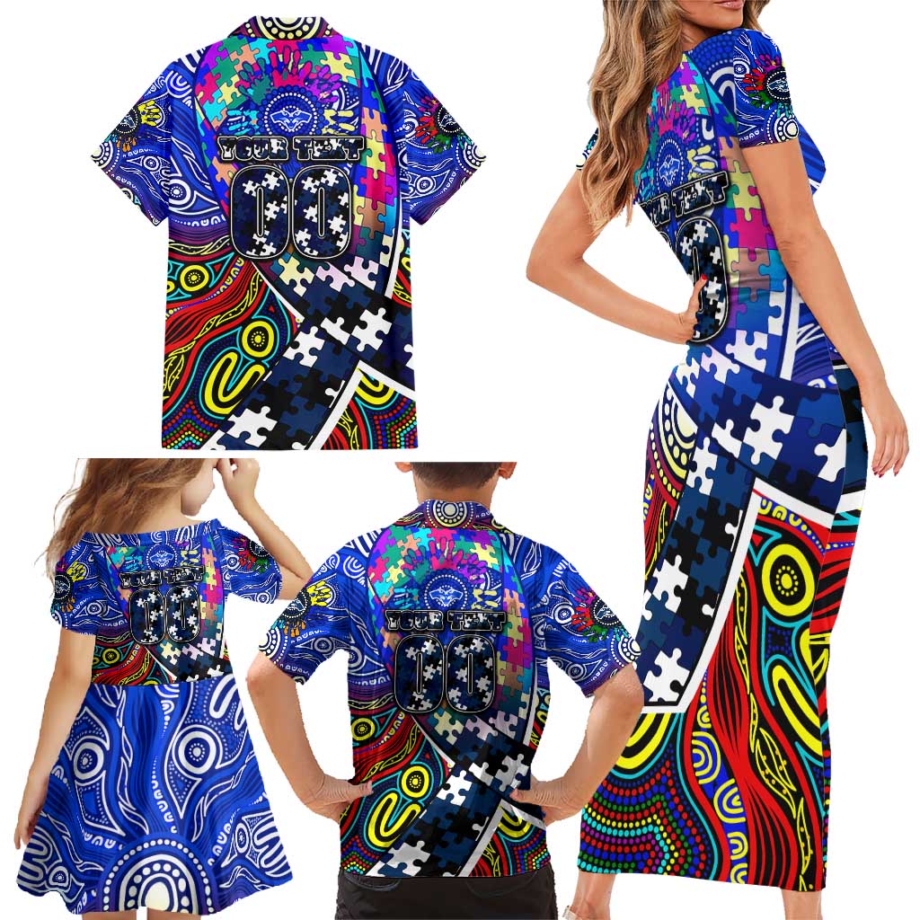 Autism Awareness Australia Geelong Cats Family Matching Short Sleeve Bodycon Dress and Hawaiian Shirt Aboriginal Indigenous Art