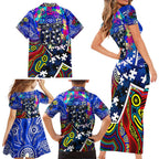 Autism Awareness Australia Geelong Cats Family Matching Short Sleeve Bodycon Dress and Hawaiian Shirt Aboriginal Indigenous Art