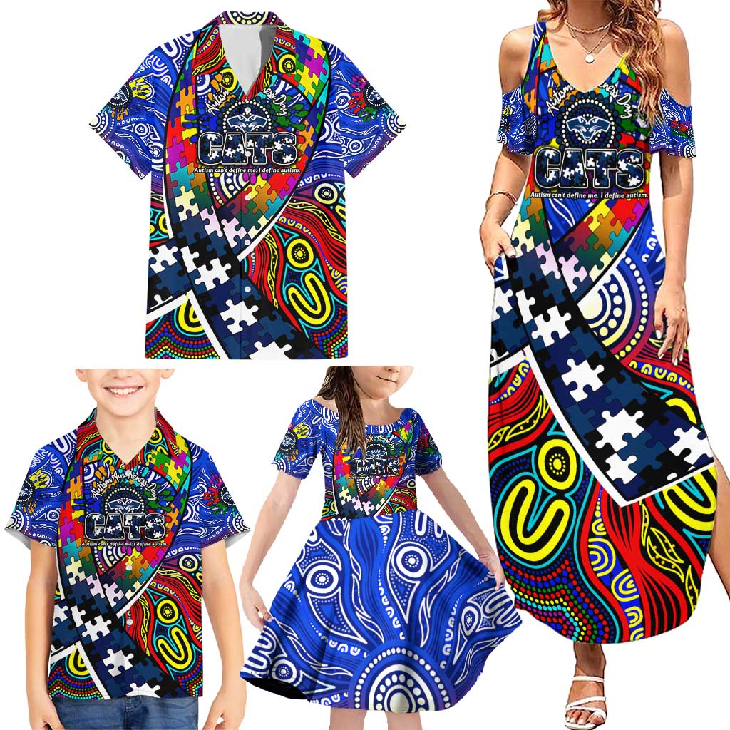 Autism Awareness Australia Geelong Cats Family Matching Summer Maxi Dress and Hawaiian Shirt Aboriginal Indigenous Art