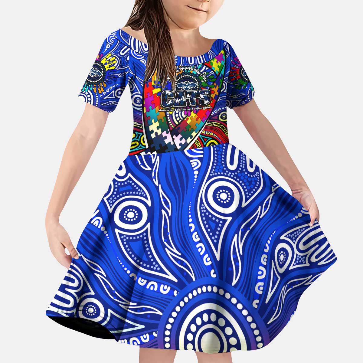 Autism Awareness Australia Geelong Cats Kid Short Sleeve Dress Aboriginal Indigenous Art