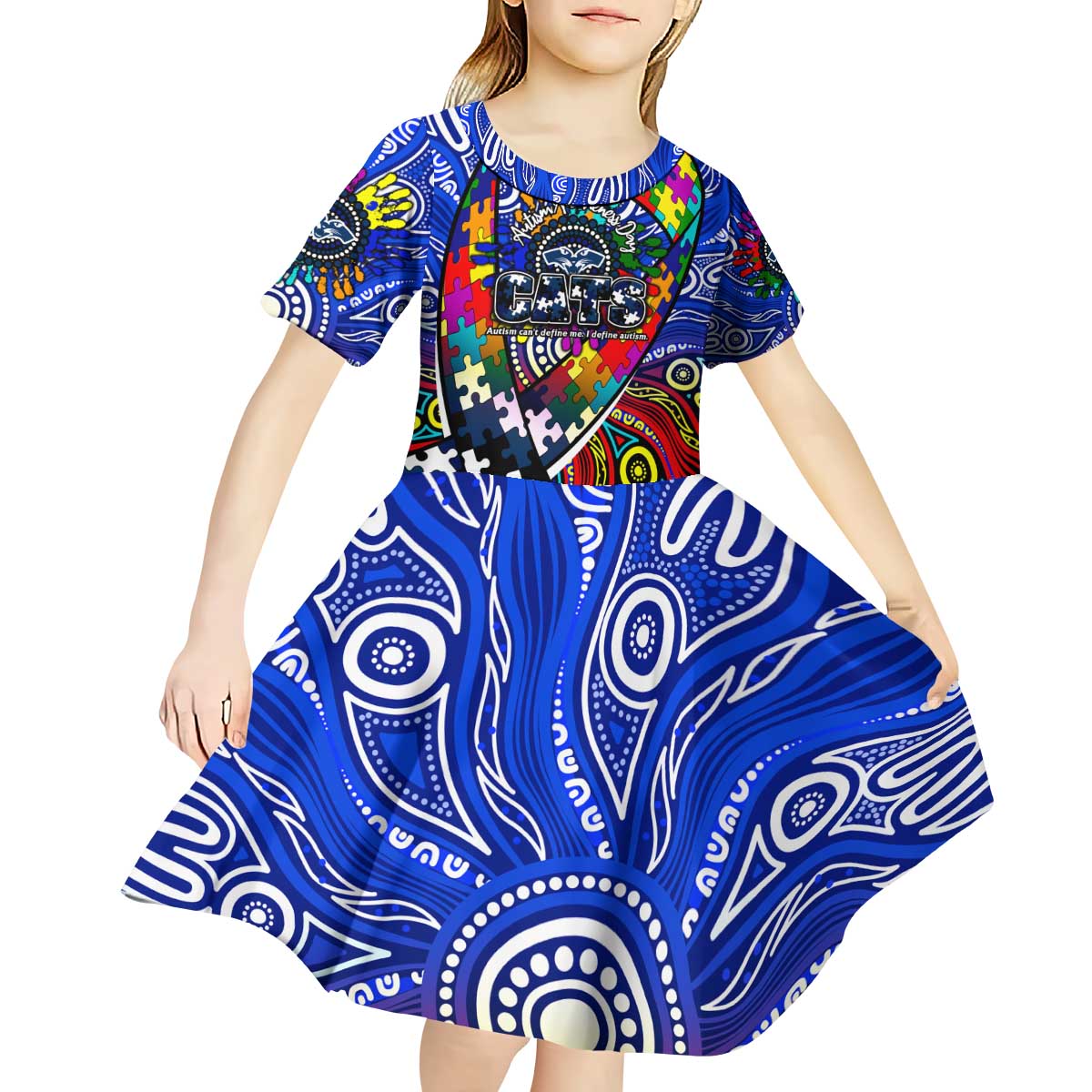 Autism Awareness Australia Geelong Cats Kid Short Sleeve Dress Aboriginal Indigenous Art