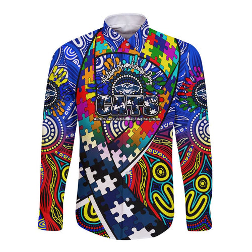 Autism Awareness Australia Geelong Cats Long Sleeve Button Shirt Aboriginal Indigenous Art