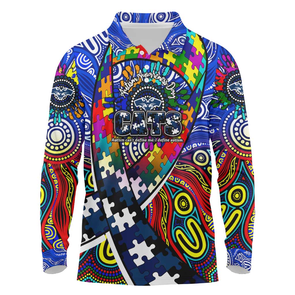Autism Awareness Australia Geelong Cats Long Sleeve Polo Shirt Aboriginal Indigenous Art