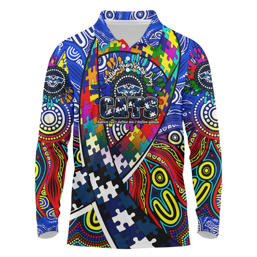 Autism Awareness Australia Geelong Cats Long Sleeve Polo Shirt Aboriginal Indigenous Art