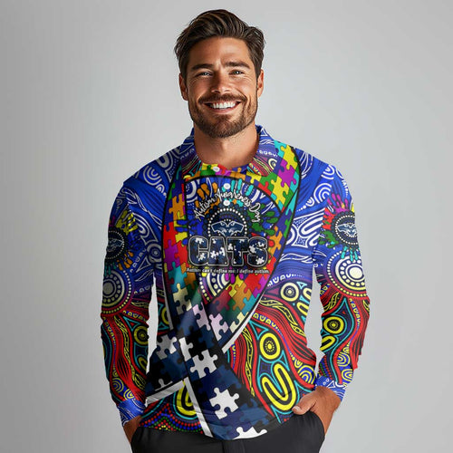 Autism Awareness Australia Geelong Cats Long Sleeve Polo Shirt Aboriginal Indigenous Art